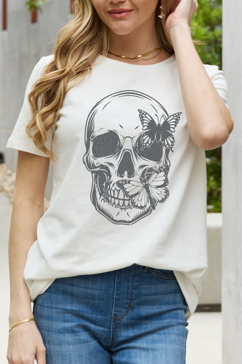Simply Love Skull Butterfly Graphic Cotton T-Shirt