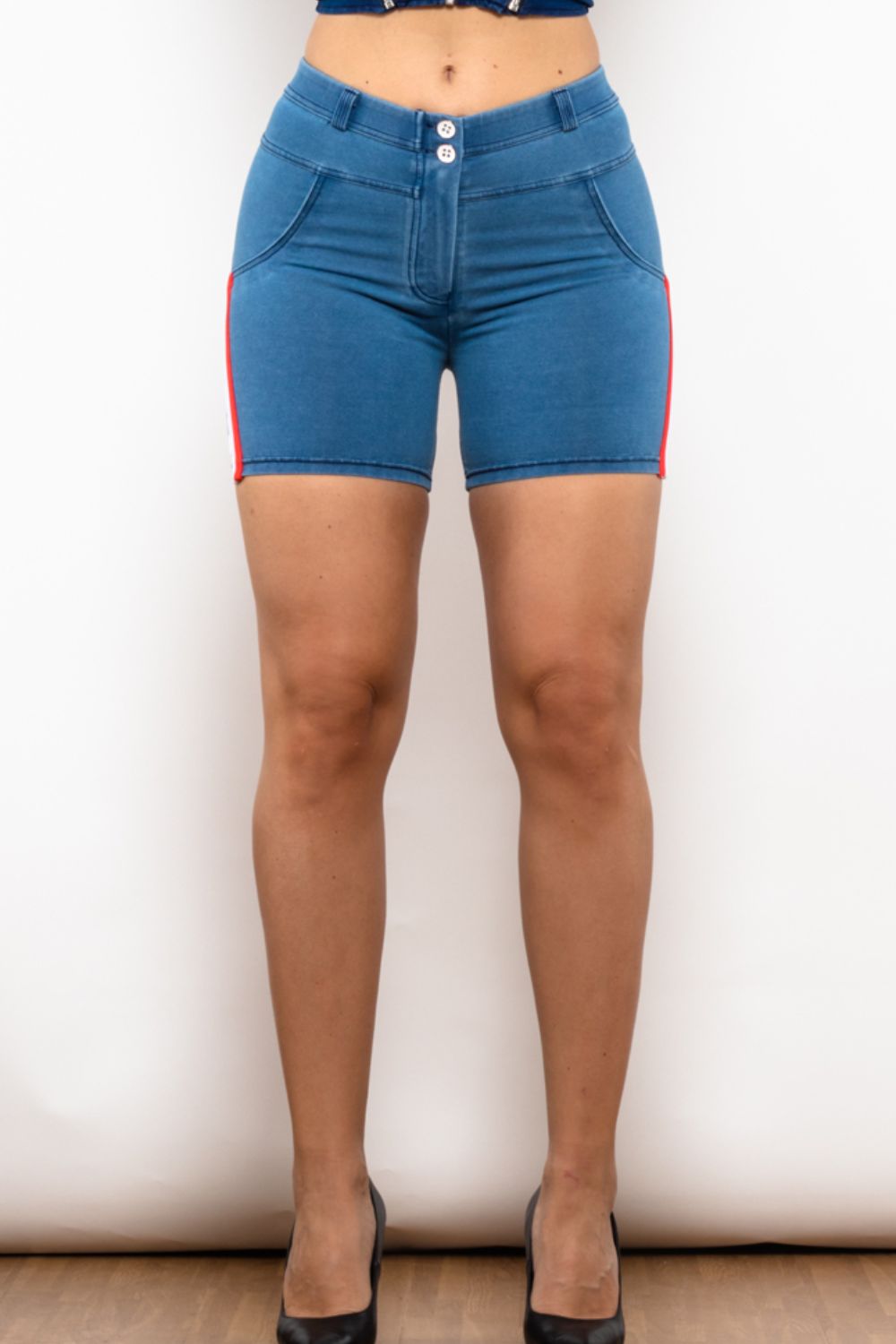 Full Size Side Stripe Buttoned Denim Shorts