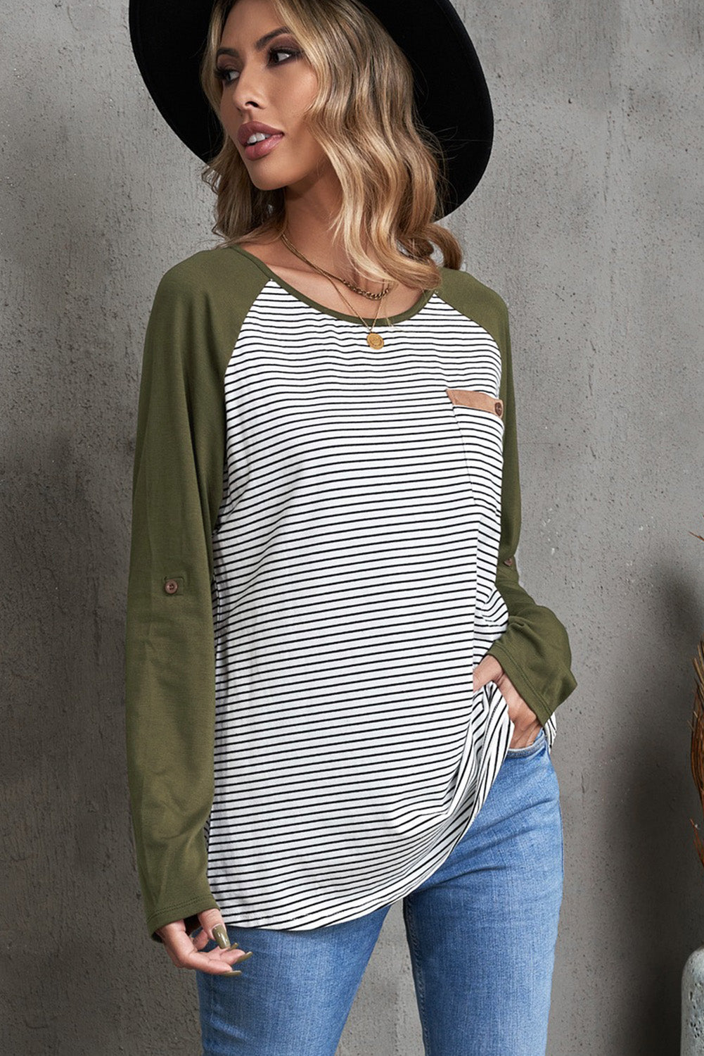 Striped Color Block Roll-Tab Sleeve Top